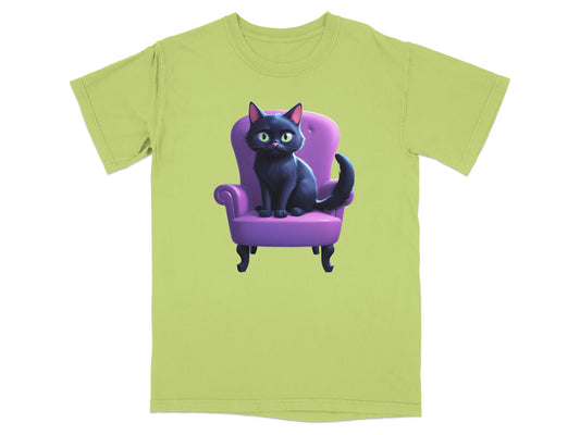 Black cat sitting on a purple armchair, on a light green t-shirt.