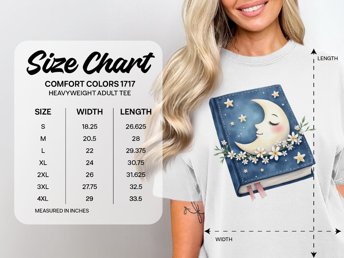 Comfort Colors 1717 heavyweight adult tee size chart with measurements in inches.
