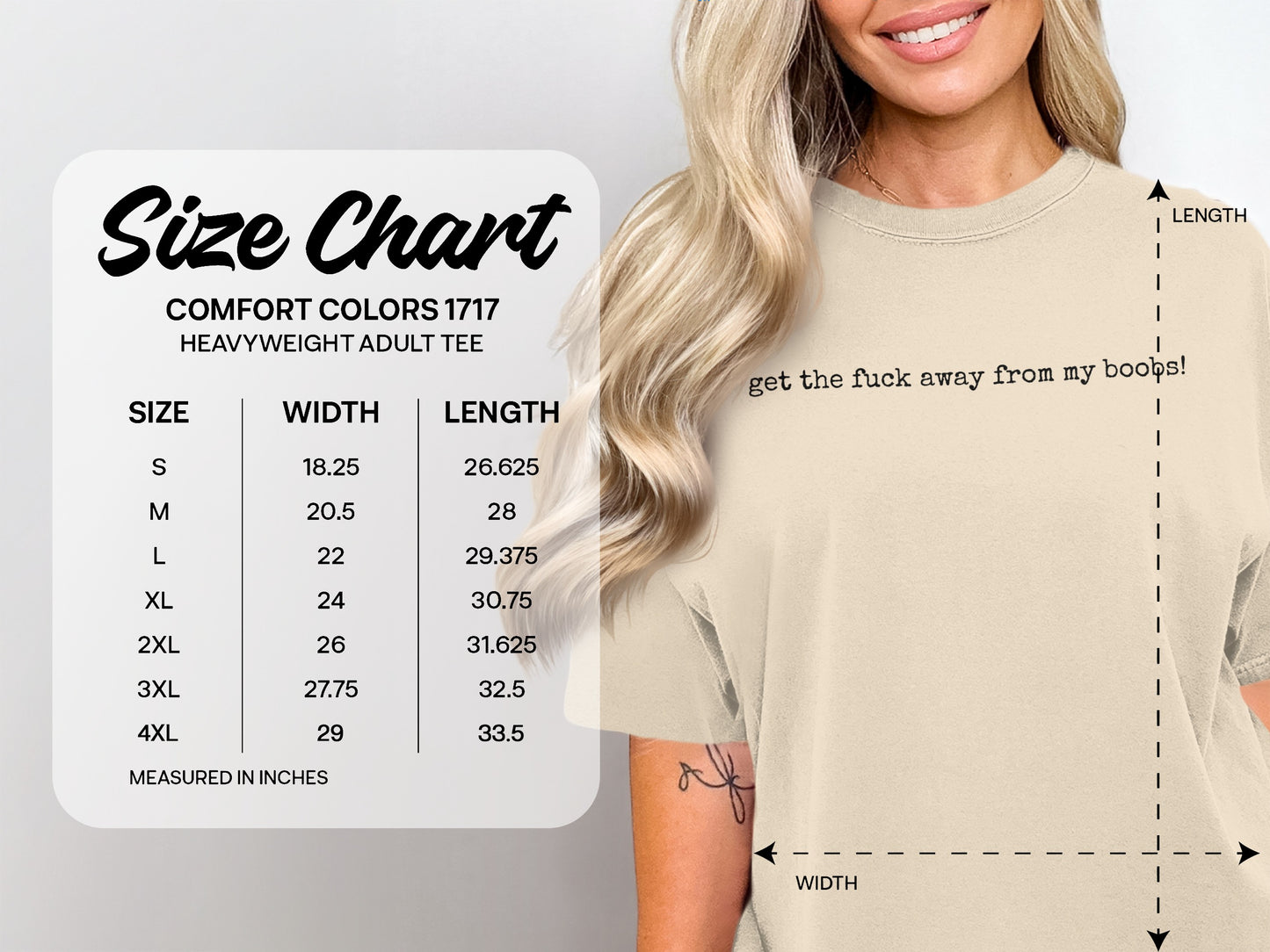 Size chart for Comfort Colors heavyweight adult tee with measurements.