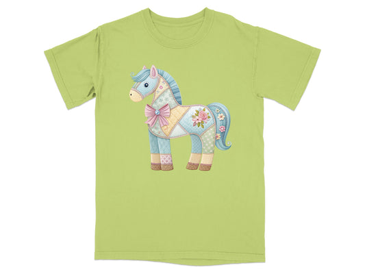 Quilted horse graphic on a light green t-shirt.