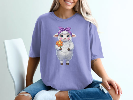 Cartoon sheep wearing a polka dot headband, holding an orange flower.