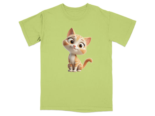 Cartoon cat with large eyes and stripes on a light green t-shirt.