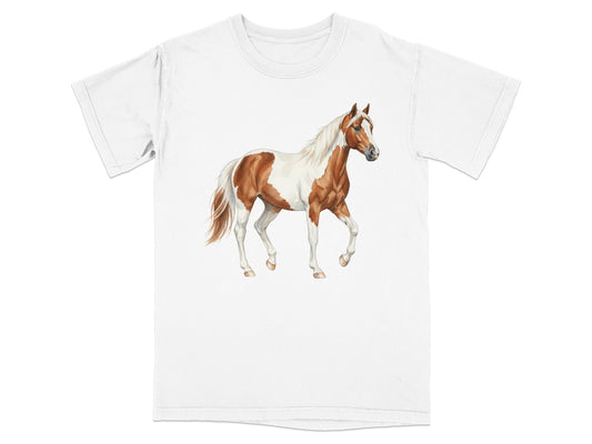 White t-shirt with a painted brown and white horse in profile.