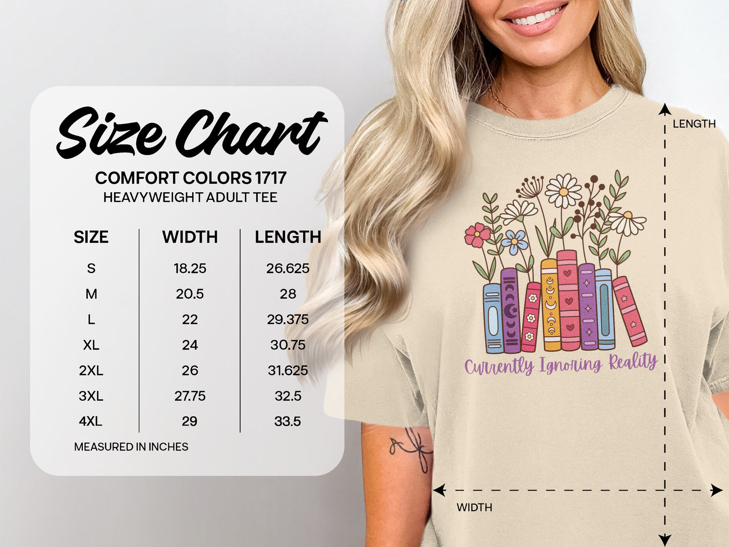 Comfort Colors 1717 size chart with measurements for heavyweight adult tees.