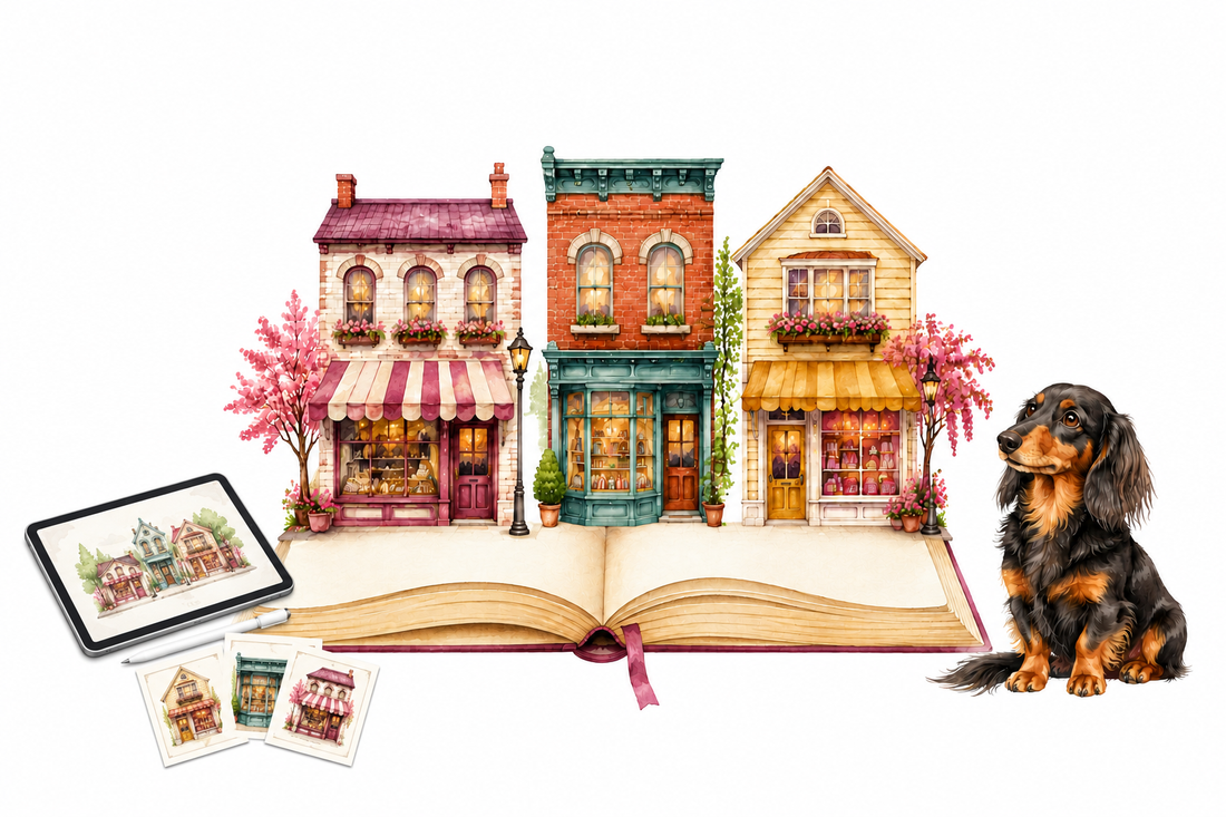 Open storybook with colorful village shops, a digital tablet and stylus, printed design cards, and a long-haired dachshund