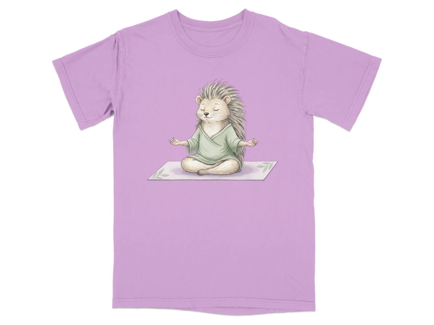 T-shirt with illustration of a meditating hedgehog in a green robe.