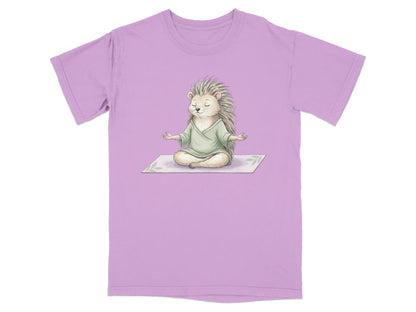 T-shirt with illustration of a meditating hedgehog in a green robe.
