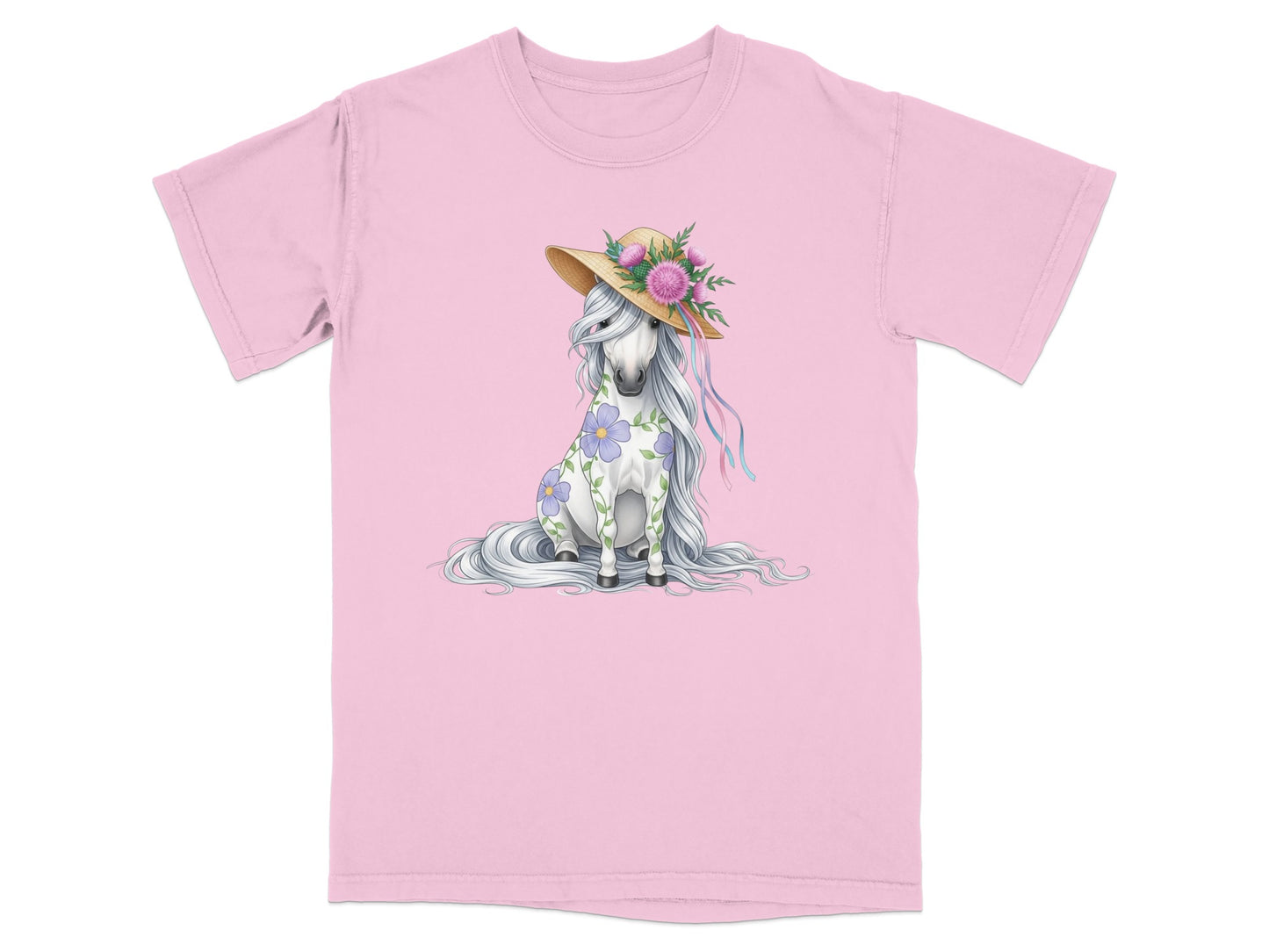 Pink t-shirt with a white horse wearing a straw hat and flowers.