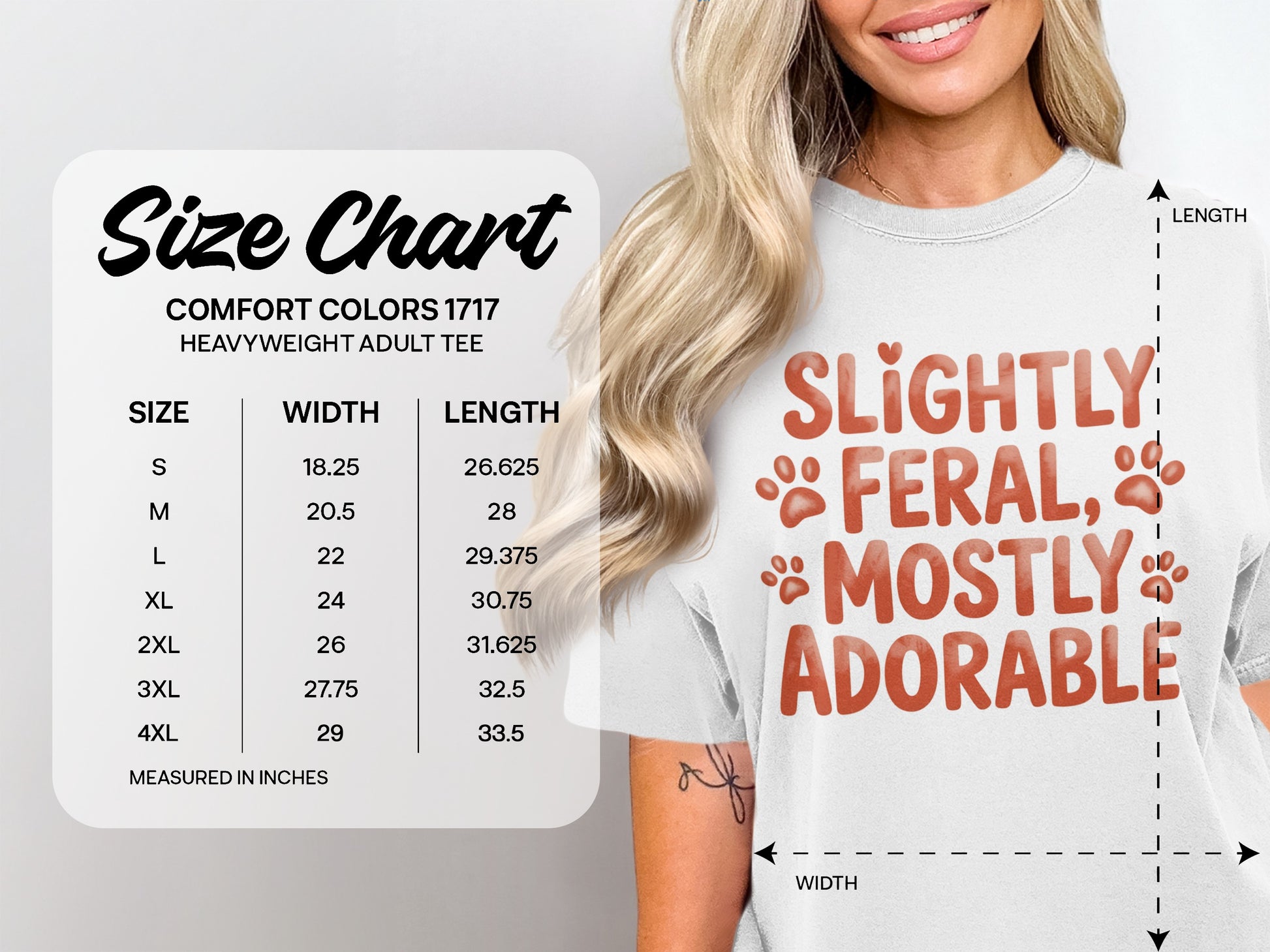 Size chart with measurements for a heavyweight adult t-shirt.