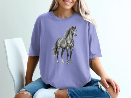 Purple t-shirt featuring a detailed sketch of a galloping horse.