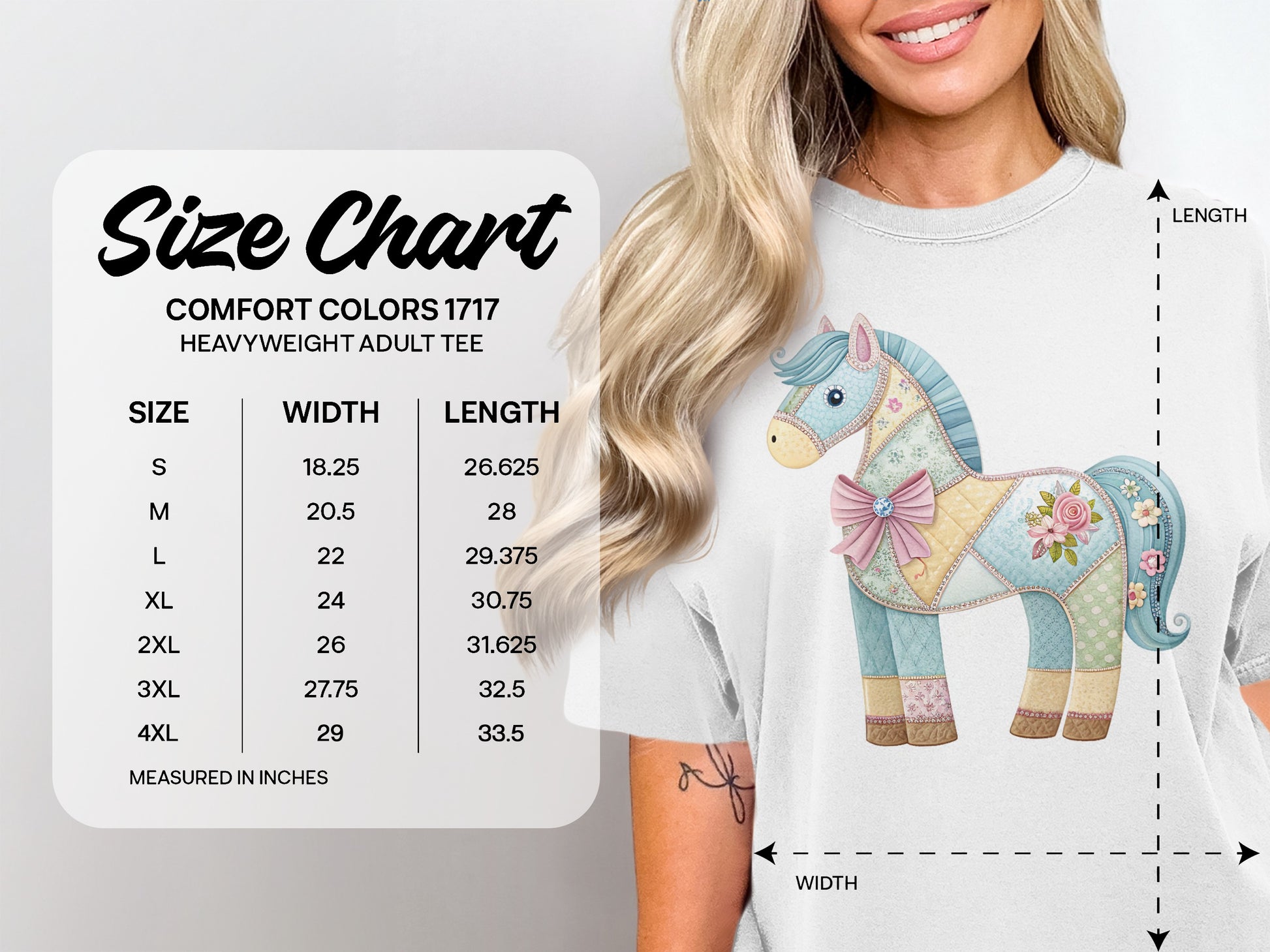 Comfort Colors 1717 heavyweight adult tee size chart showing measurements.