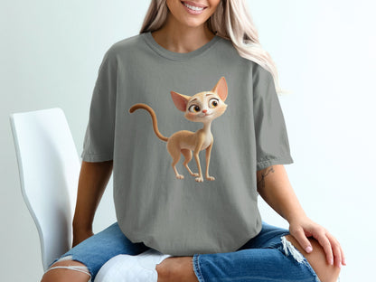 Gray t-shirt featuring a cartoonish tan cat with large ears and a long tail.