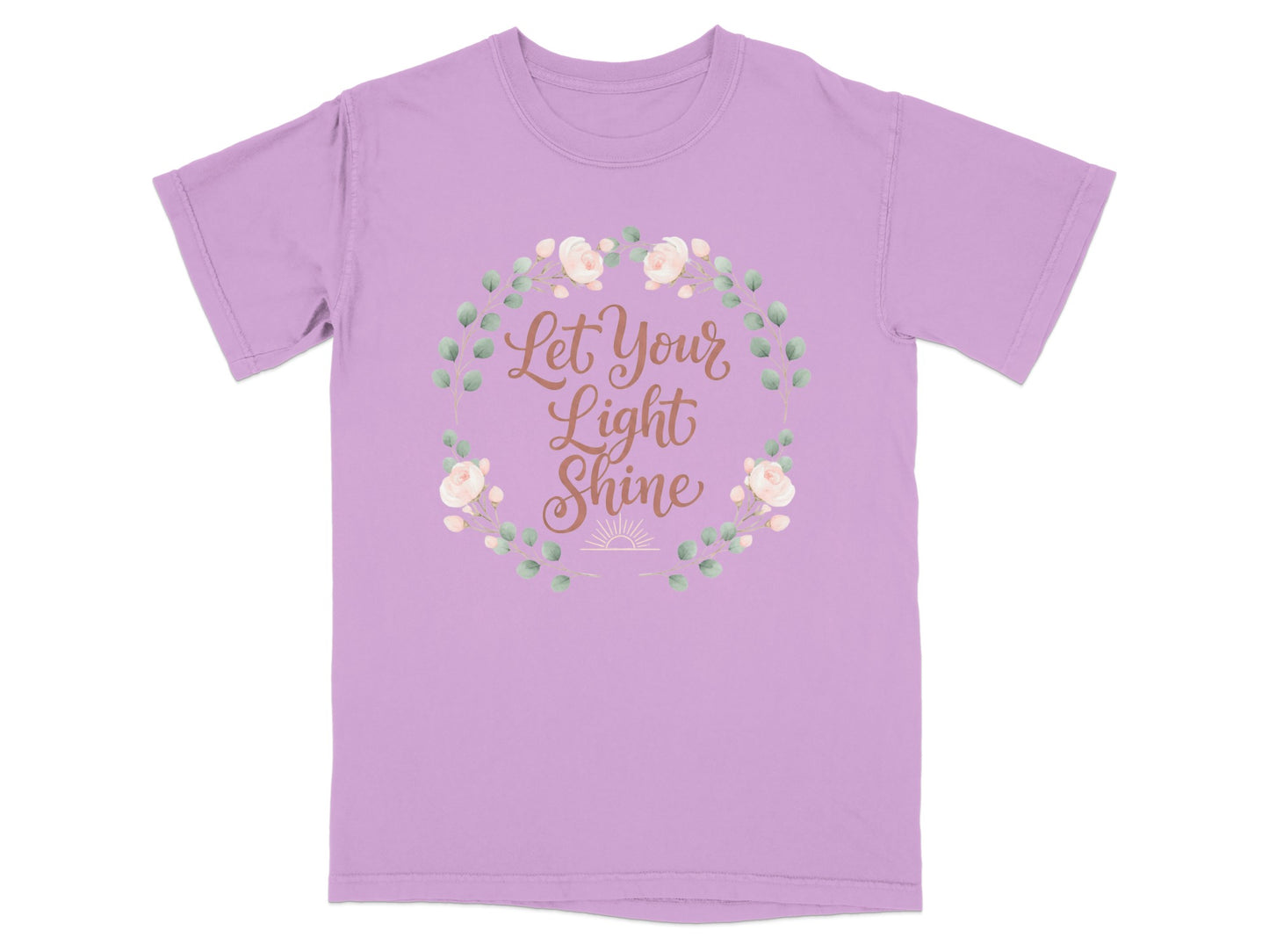 Purple t-shirt with "Let Your Light Shine" text and floral wreath.