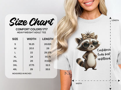 Comfort Colors 1717 size chart for heavyweight adult tees with raccoon graphic.
