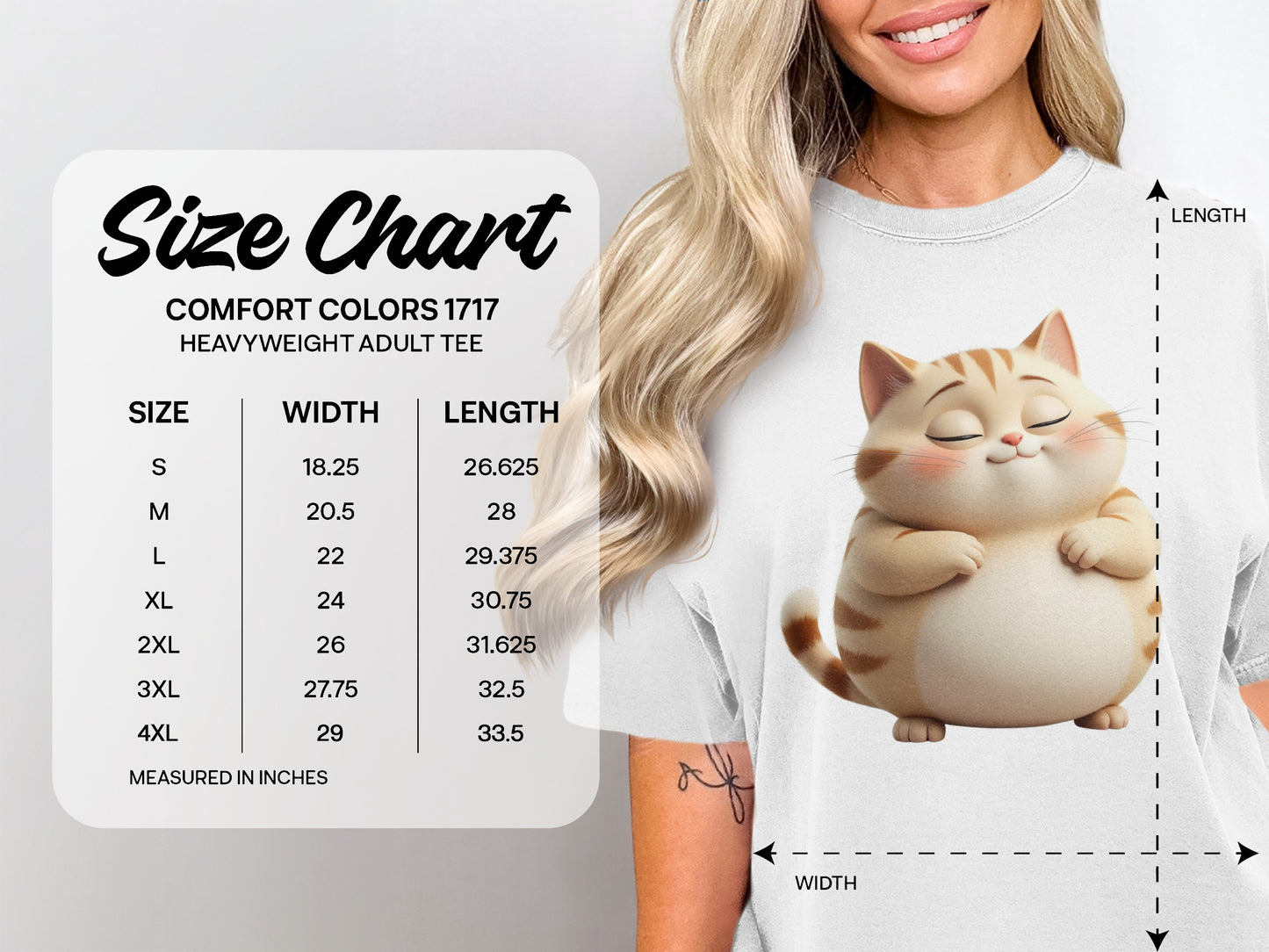 Comfort Colors 1717 heavyweight adult tee size chart with measurements.