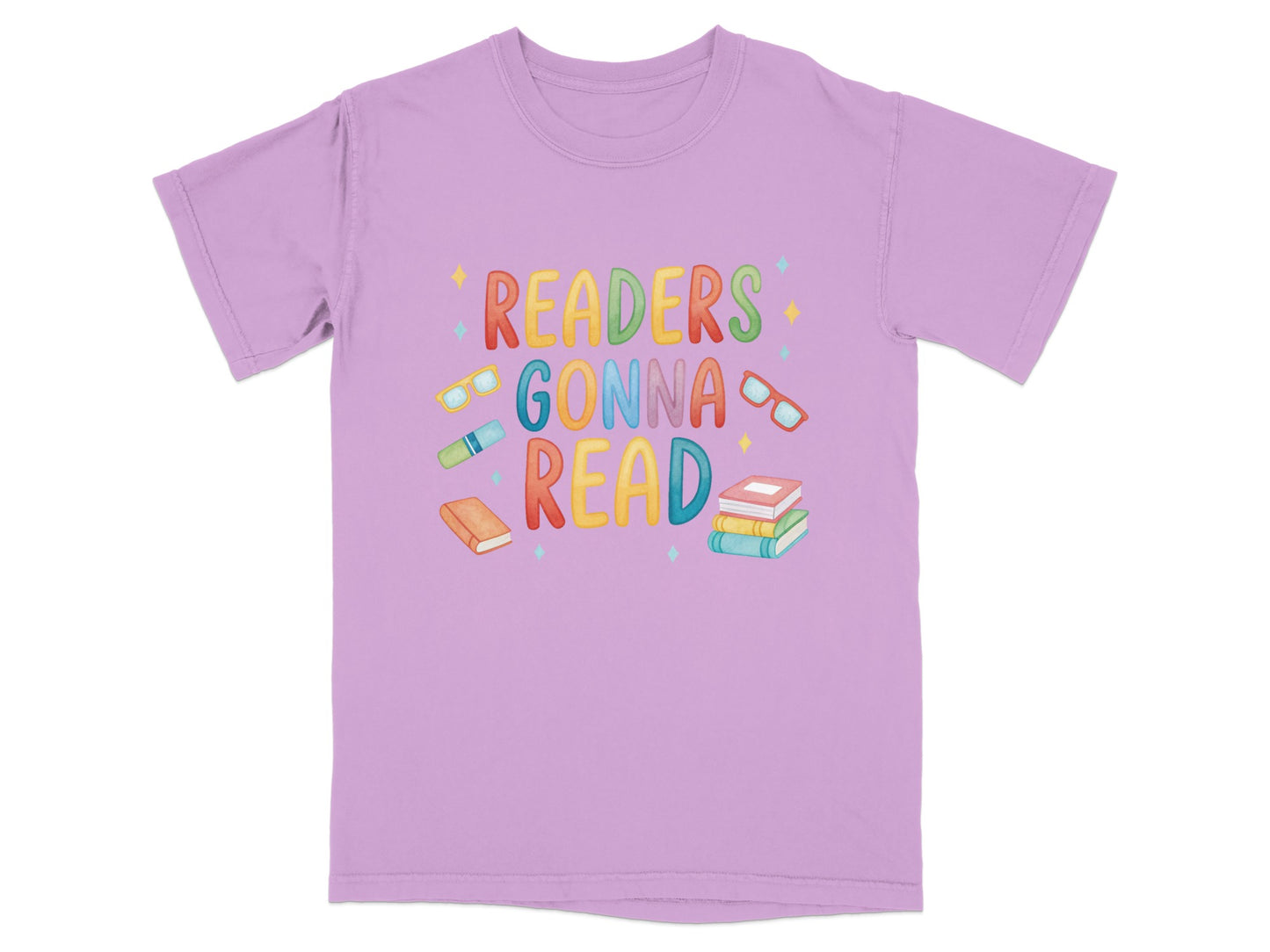 T-shirt with "Readers Gonna Read" and cartoon books and glasses.