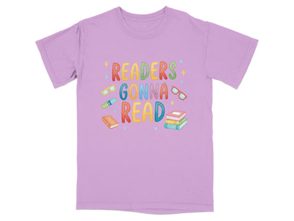 T-shirt with "Readers Gonna Read" and cartoon books and glasses.