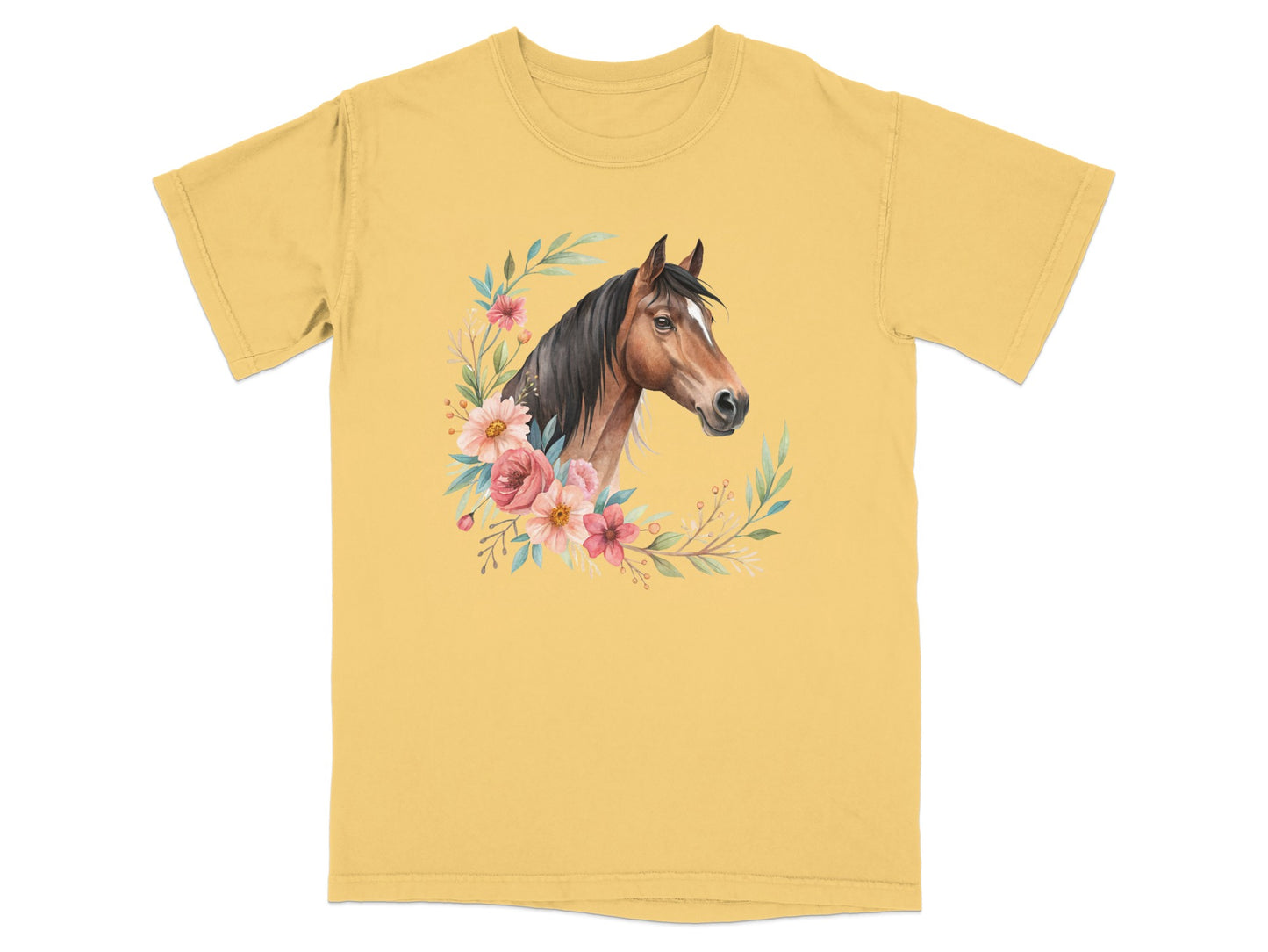 Yellow t-shirt featuring a watercolor horse head surrounded by flowers.