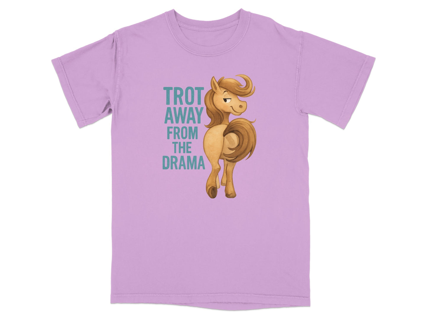 T-shirt with a cartoon horse and text "TROT AWAY FROM THE DRAMA".