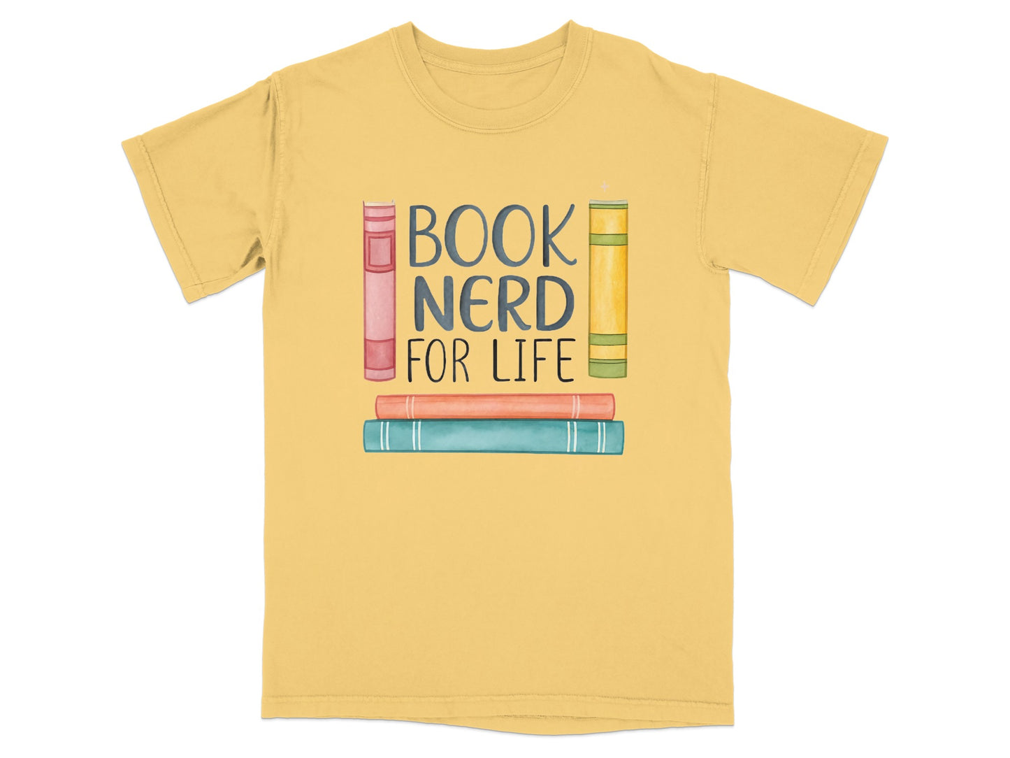 Yellow t-shirt with "BOOK NERD FOR LIFE" and stacked books design.