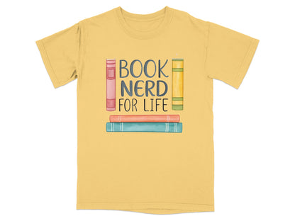 Yellow t-shirt with "BOOK NERD FOR LIFE" and stacked books design.