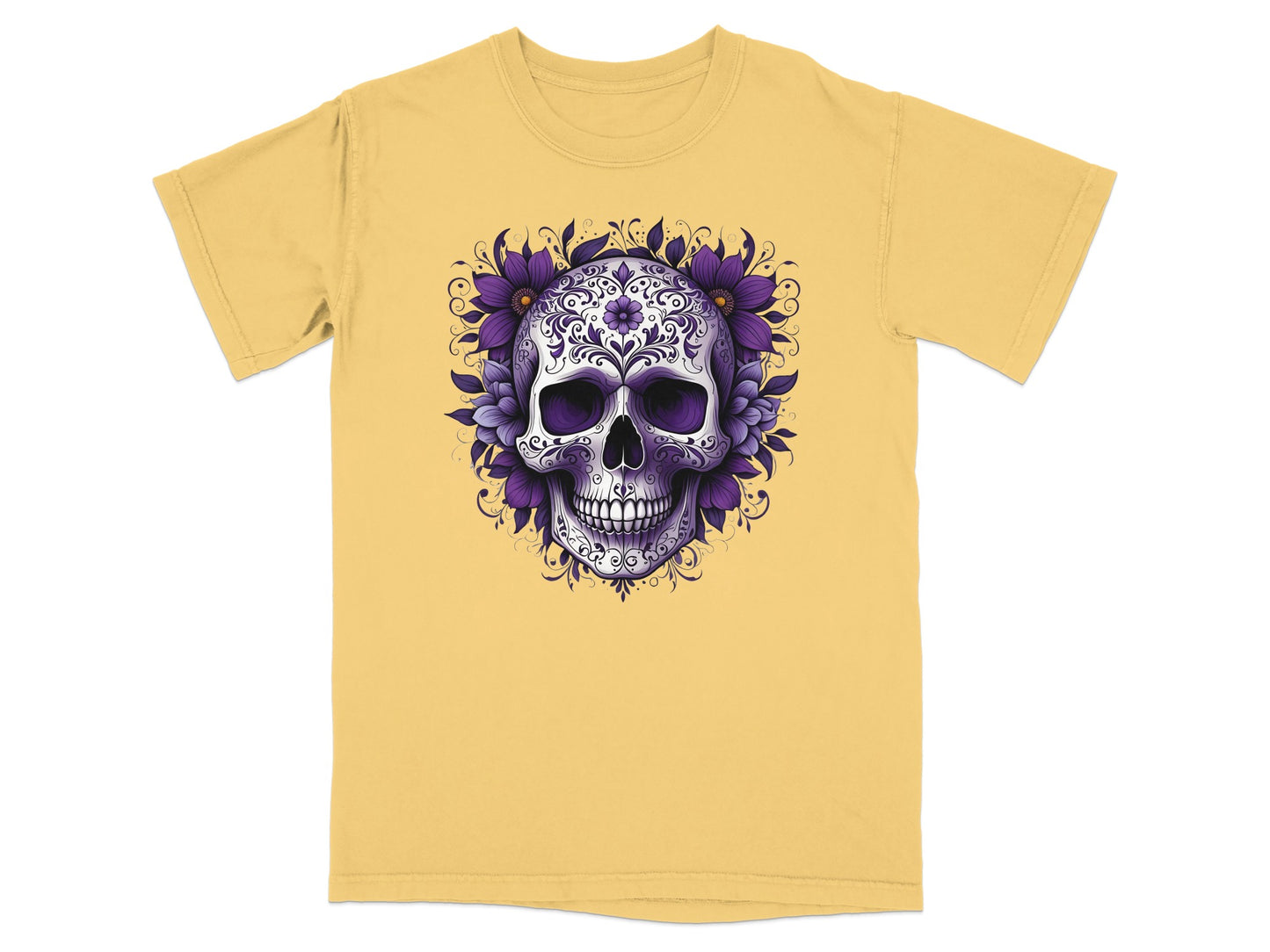 Yellow t-shirt with a purple floral skull graphic.