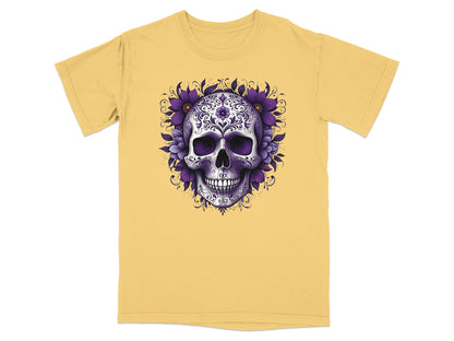 Yellow t-shirt with a purple floral skull graphic.