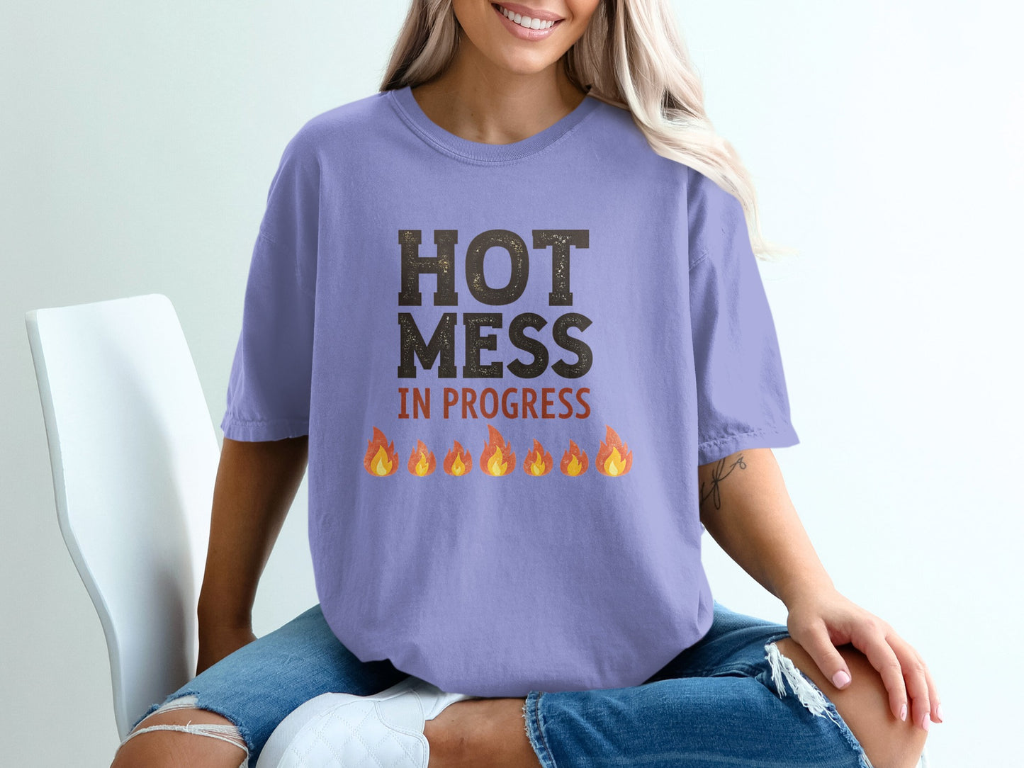 Lavender t-shirt with "HOT MESS" and flames graphic.