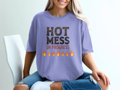 Lavender t-shirt with "HOT MESS" and flames graphic.
