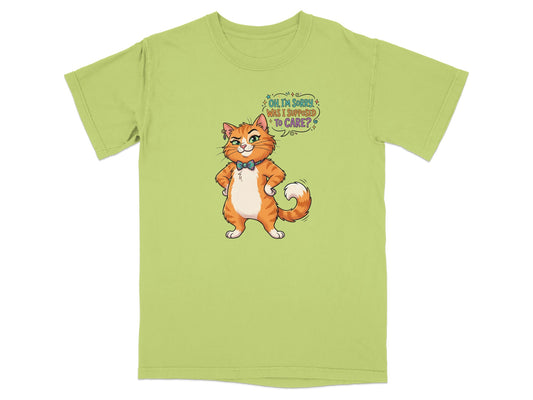 Cartoon cat with bowtie and text "Oh, sorry, was I supposed to care?"