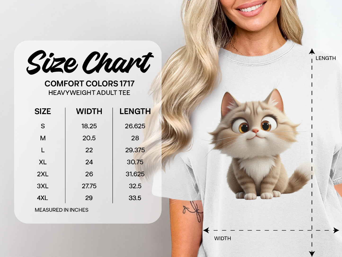 Comfort Colors 1717 heavyweight adult tee size chart with cartoon cat.