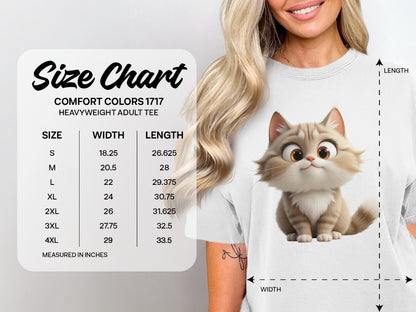 Comfort Colors 1717 heavyweight adult tee size chart with cartoon cat.
