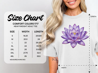 Comfort Colors 1717 heavyweight adult tee size chart with lotus flower graphic.