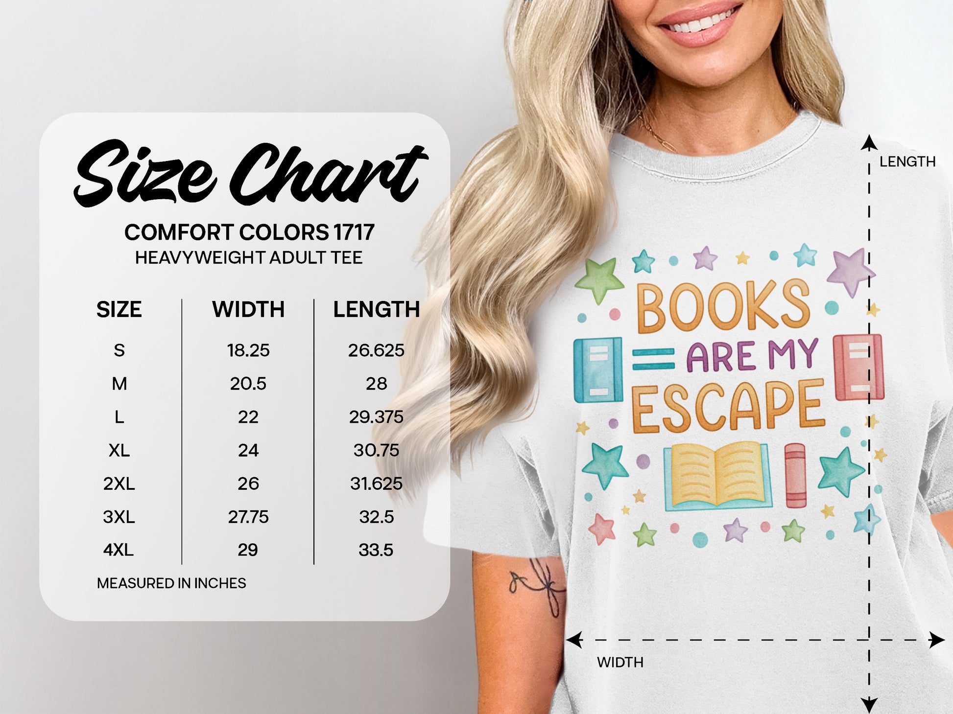 Comfort Colors 1717 size chart for heavyweight adult tees, with measurements.