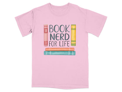 Pink t-shirt with "Book Nerd For Life" text and stacked books graphic.