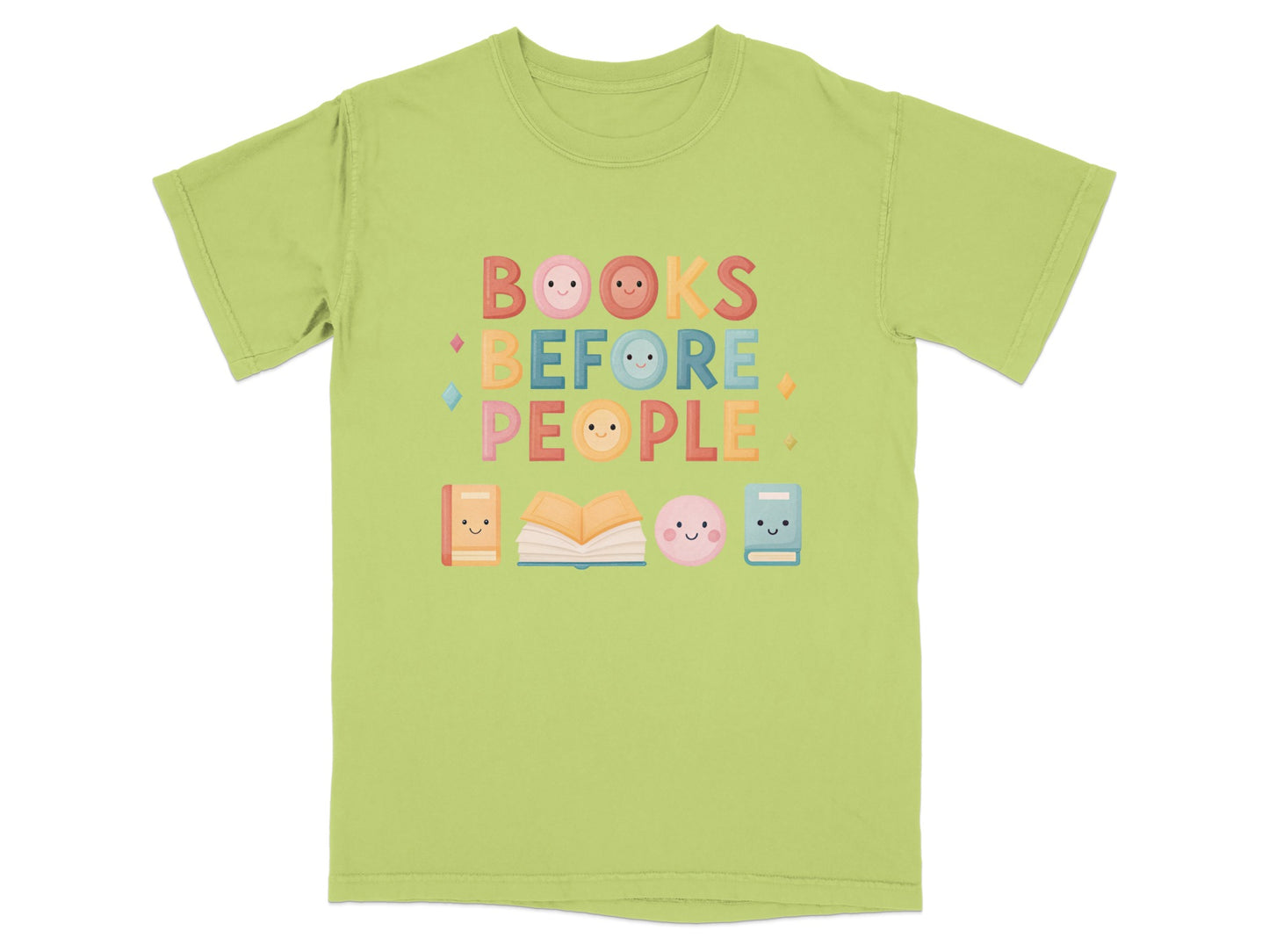 Lime green t-shirt with "BOOKS BEFORE PEOPLE" text and cute book icons.
