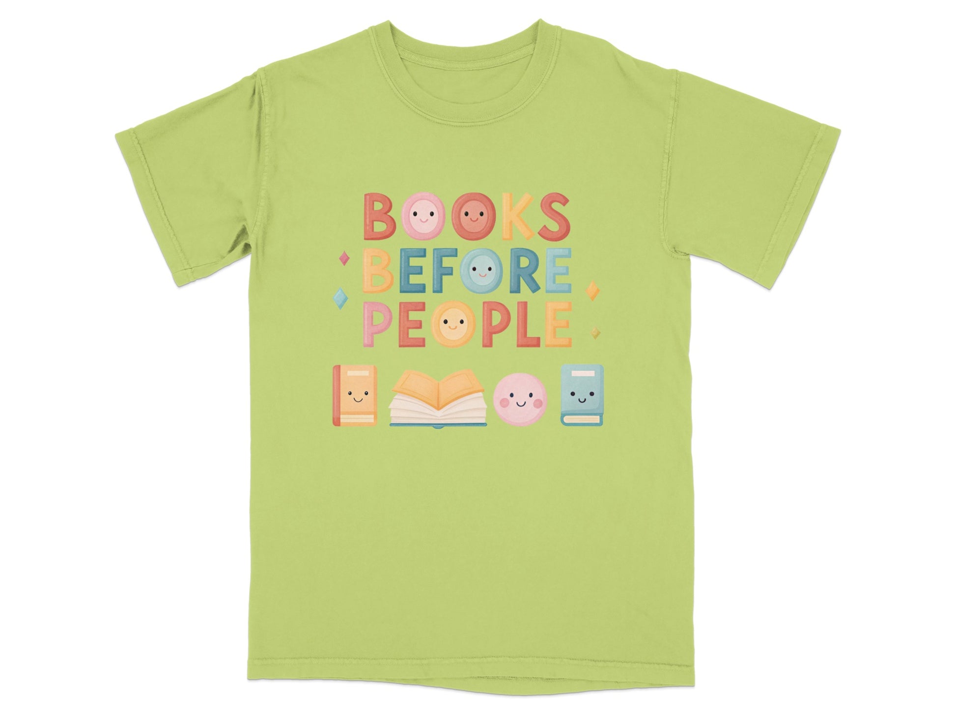 Lime green t-shirt with "BOOKS BEFORE PEOPLE" text and cute book icons.