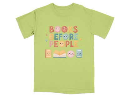 Lime green t-shirt with "BOOKS BEFORE PEOPLE" text and cute book icons.