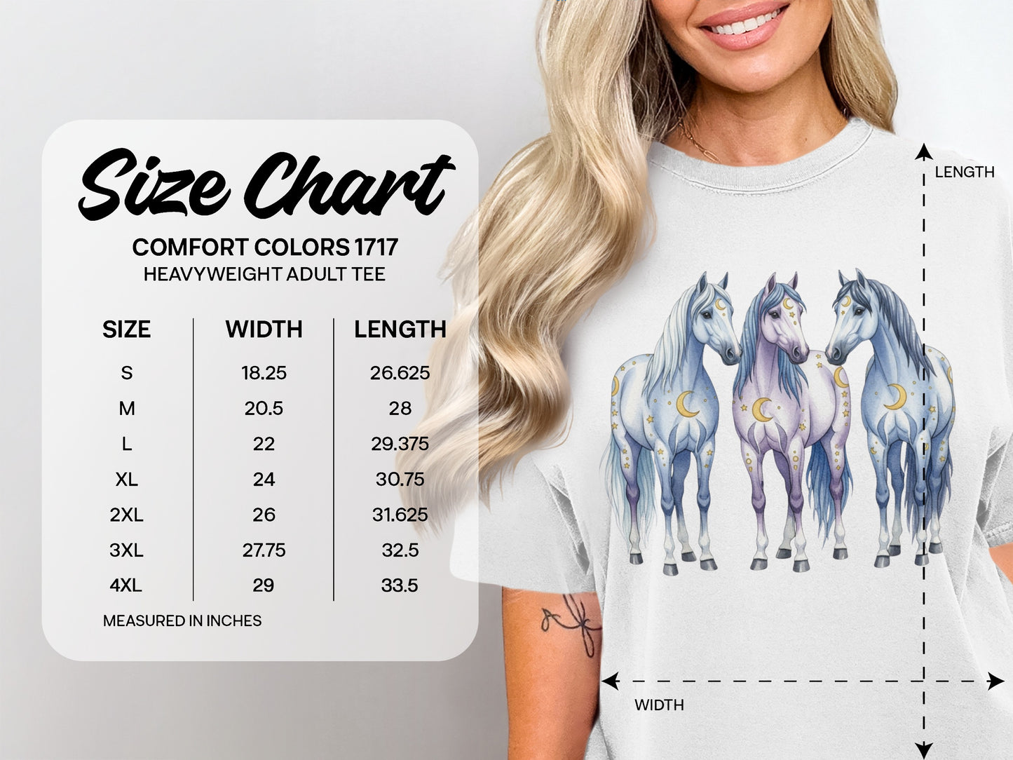 Comfort Colors 1717 size chart with horse graphic.