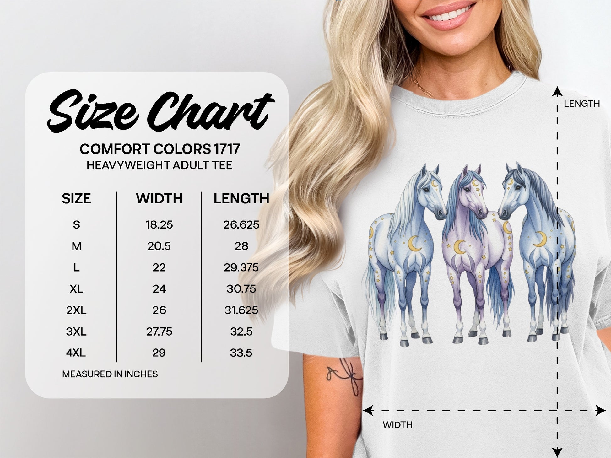 Comfort Colors 1717 size chart with horse graphic.