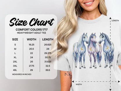 Comfort Colors 1717 size chart with horse graphic.