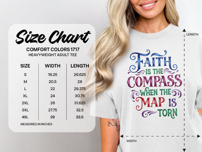 Comfort Colors 1717 heavyweight tee size chart with measurements and "Faith is the compass" graphic.