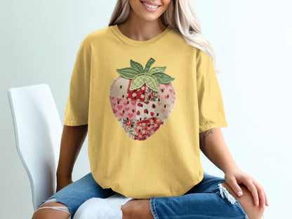 Yellow t-shirt with a patchwork strawberry graphic and green leaves.