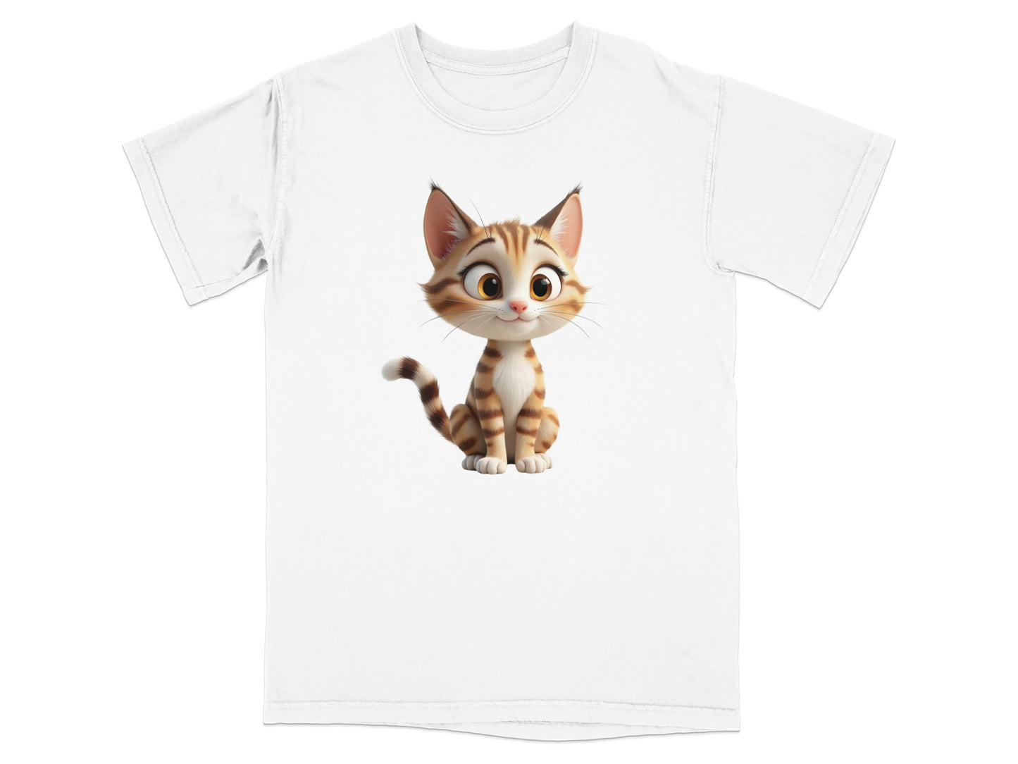 White t-shirt with a smiling cartoon cat sitting on the front.