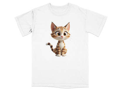 White t-shirt with a smiling cartoon cat sitting on the front.