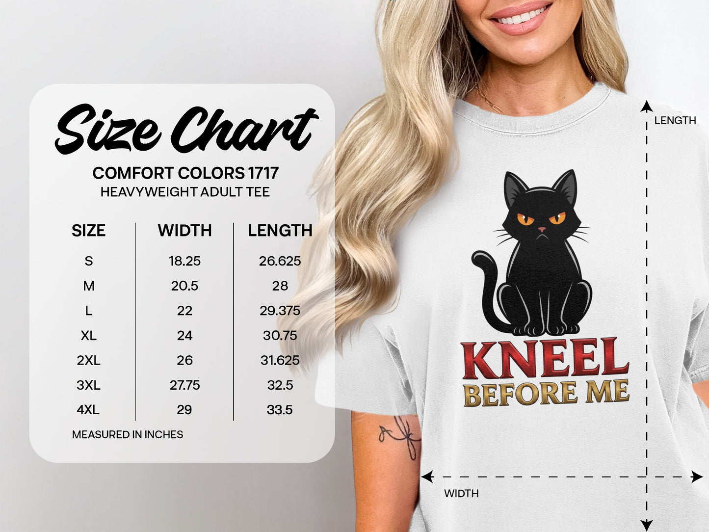 Size chart for a heavyweight adult tee, with measurements and a graphic of a black cat.