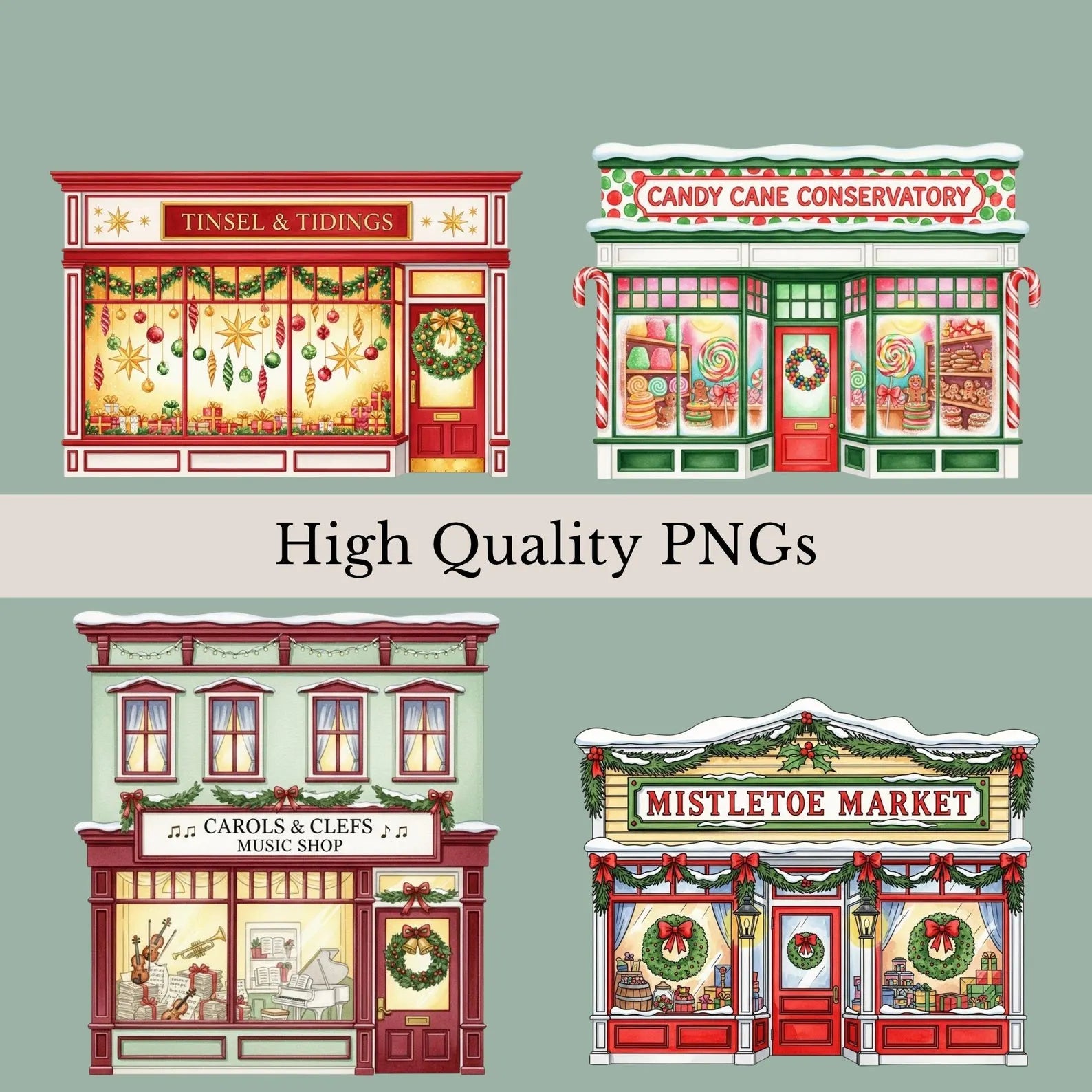 Christmas Village Watercolor Clipart Bundle | 12 PNG Designs