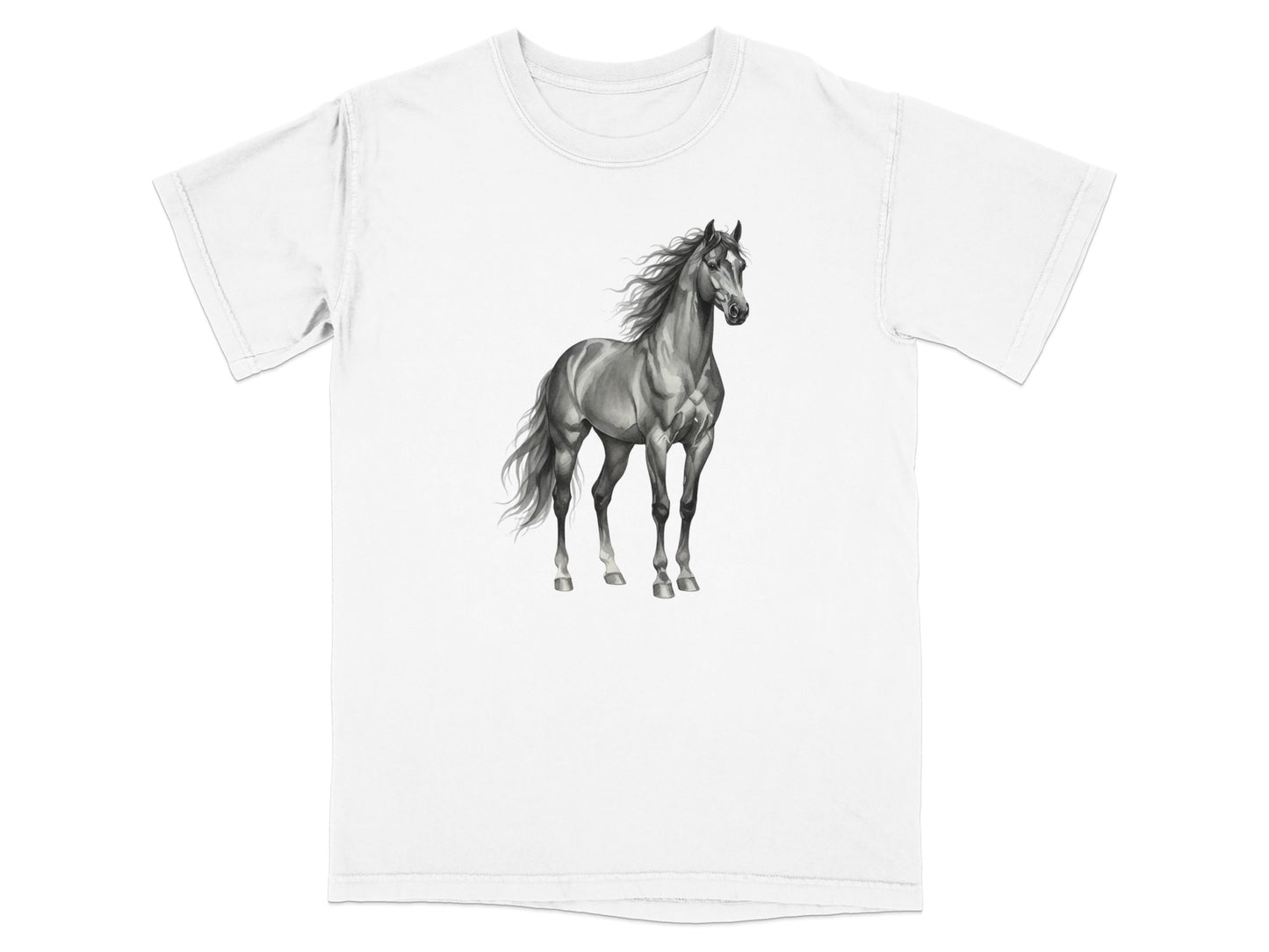 White t-shirt featuring a black and white illustration of a horse.