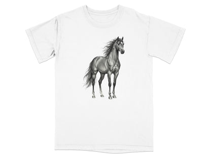 White t-shirt featuring a black and white illustration of a horse.