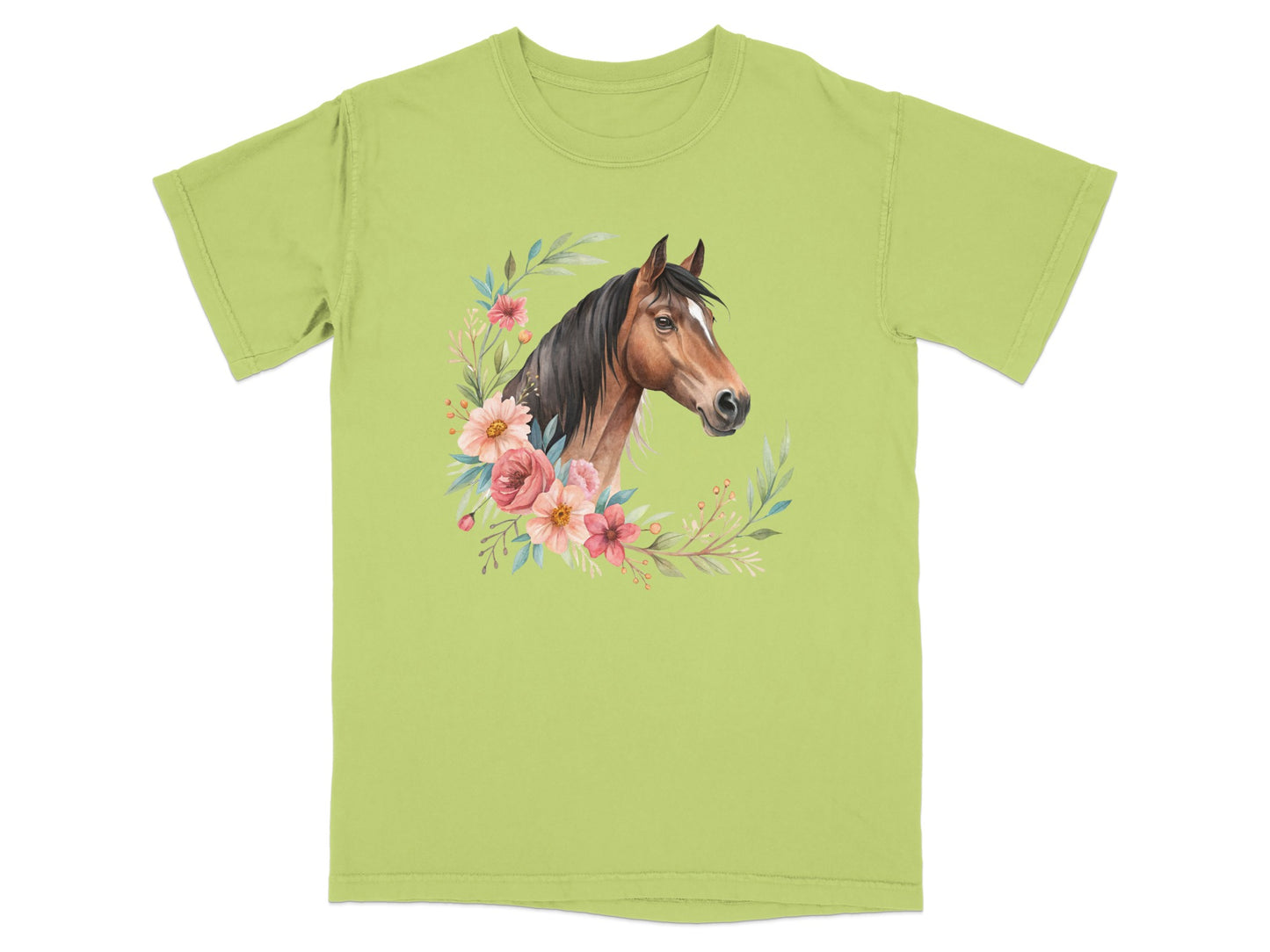 Light green t-shirt with a watercolor horse head surrounded by flowers.